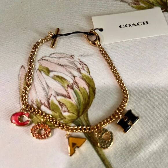 NWT COACH PavĂ© CrystalâEnamel Logo Charm Signature Letters Bracelet Gold #TSBR - Picture 3 of 8
